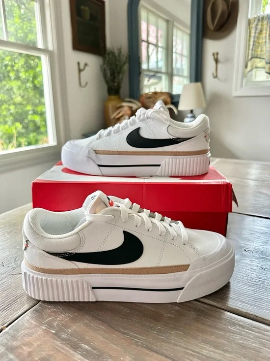 Nike Women’s Court Legacy Lift Sneakers with Black Swoosh and Tan Stripe - Picture 2 of 9